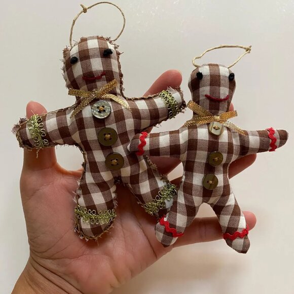 Gingerbread Man Christmas Tree Ornaments Handmade Hand Stitched Holiday Decor - Picture 2 of 5